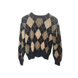 Liz Claiborne Liz Sport Vintage Sweater Black Tan Argyle Ramie Cotton Large